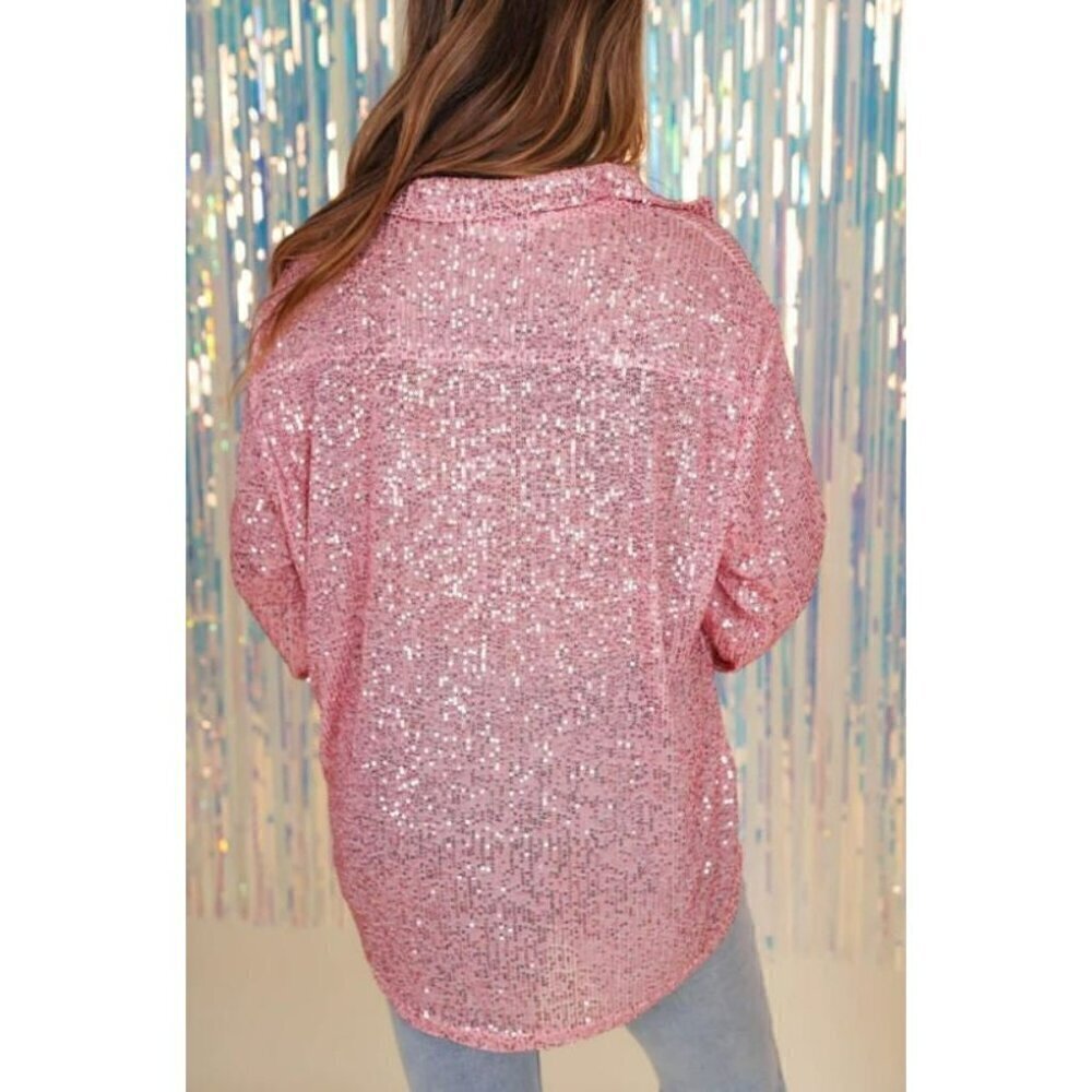 Life's a Party Sequin Button-Up Shirt in Rose Pink - Picture 11 of 12